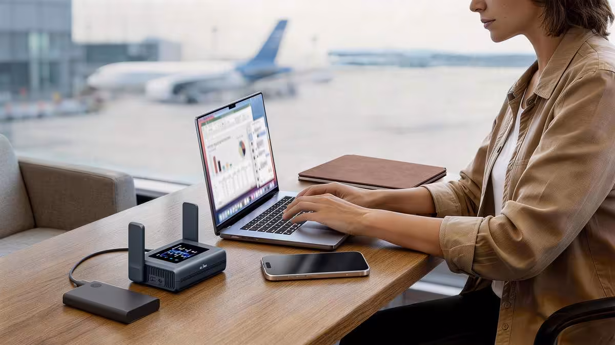 Slate 7 Pro : GL.iNet pousse le routeur de voyage Wi-Fi 7 jusqu'au tri-bande 10 Gbps 4 Routeur GL.iNet Slate 7 Pro utilisé à côté d’un ordinateur portable dans un aéroport