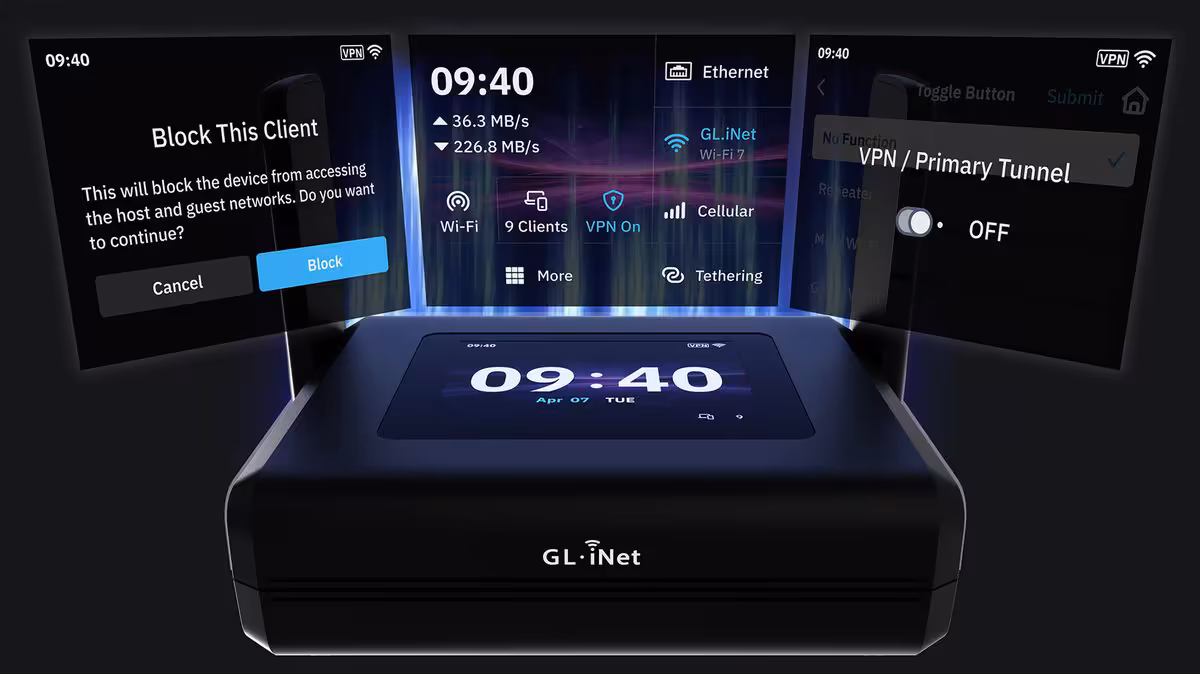 Slate 7 Pro : GL.iNet pousse le routeur de voyage Wi-Fi 7 jusqu'au tri-bande 10 Gbps 7 Slate 7 Pro GL.iNet affichant des panneaux d’interface VPN, Wi‑Fi, Ethernet et blocage client