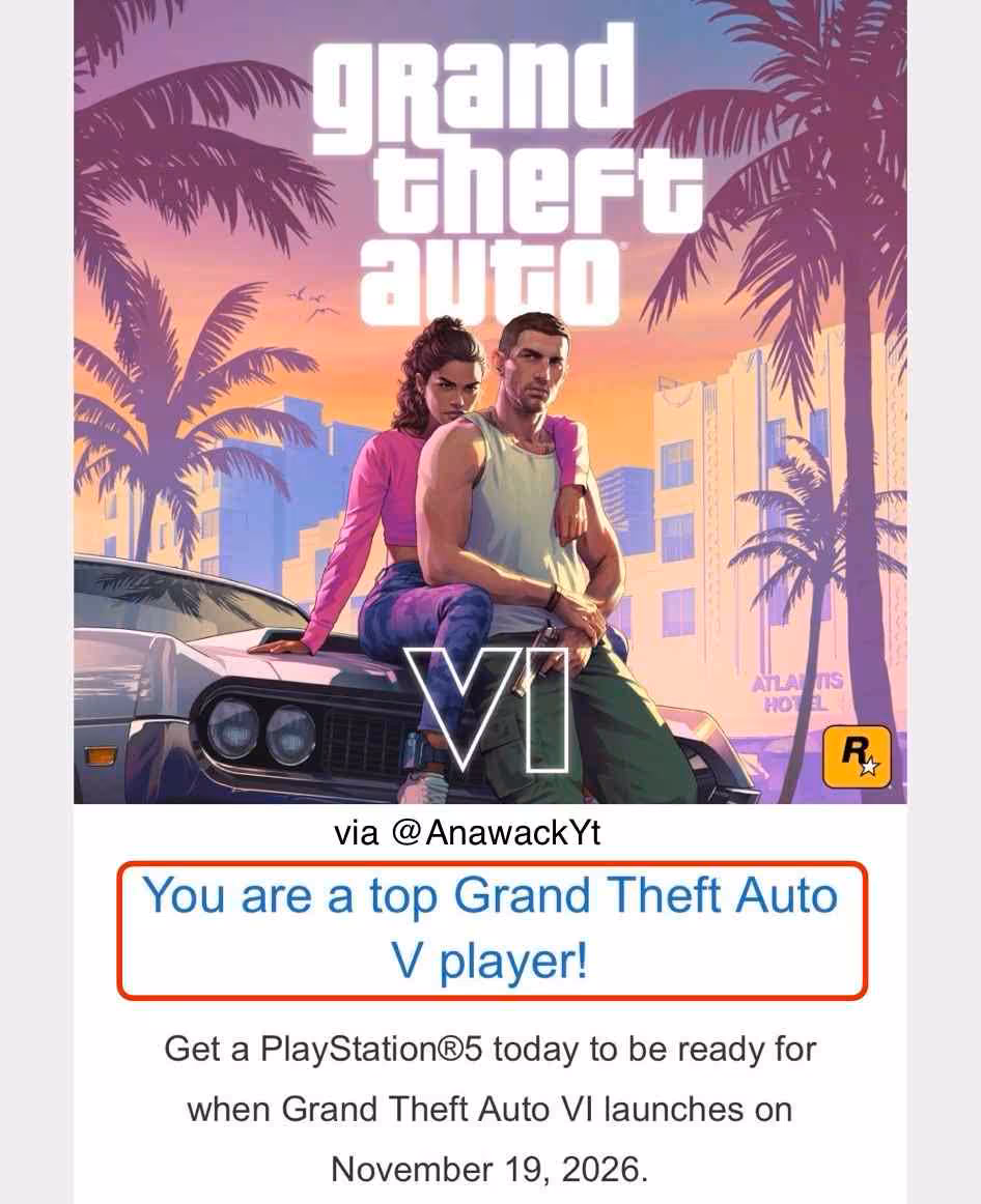 Illustration colorée avec deux personnages, logo GTA VI et voiture rétro sur fond tropical