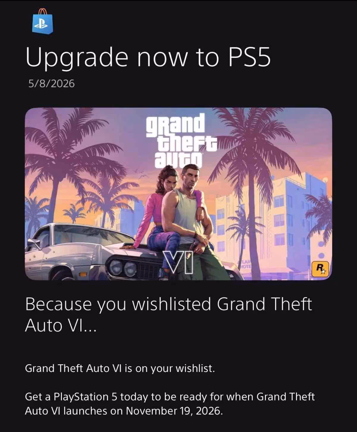 Capture d'écran sombre demandant une mise à niveau vers PS5 avec illustration GTA VI