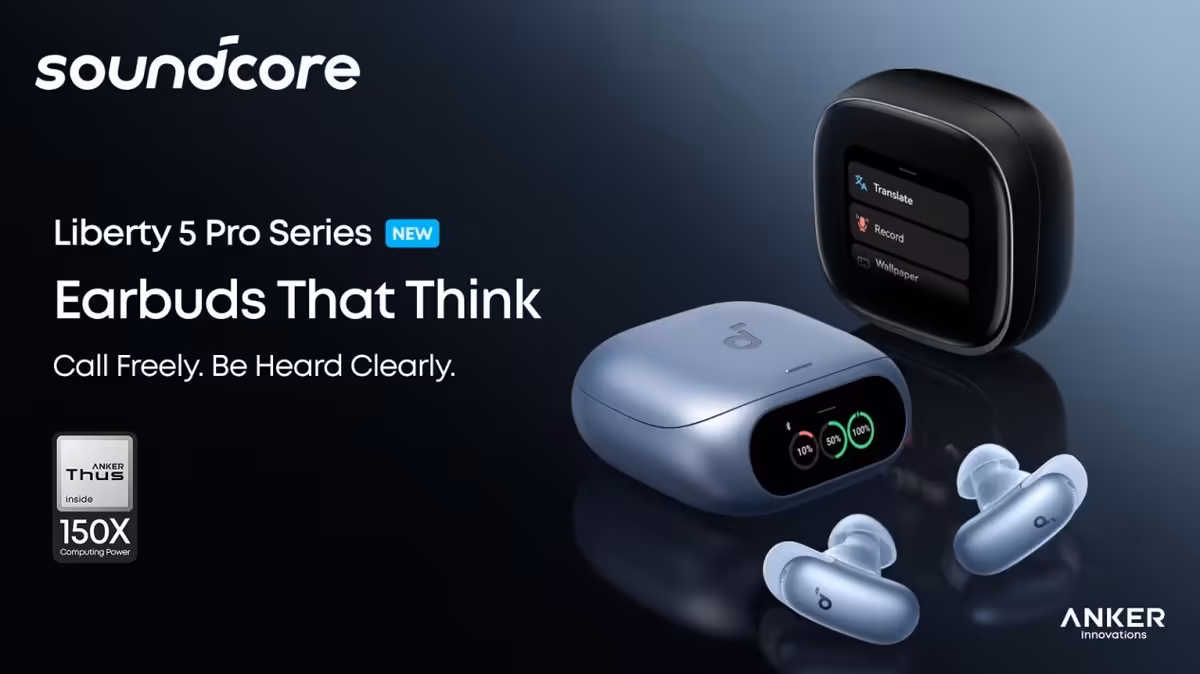 soundcore Liberty 5 Pro et Pro Max : Anker lance des écouteurs avec puce IA maison 2 Visuel Soundcore Liberty 5 Pro Series, écouteurs true wireless et boîtiers de charge Anker, fond sombre