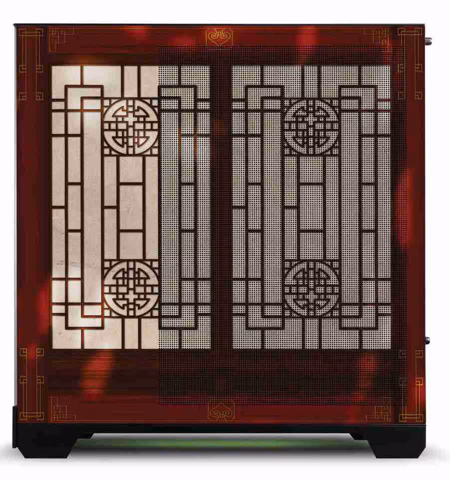 Boîtier PC Starforge Systems rouge avec panneaux décoratifs japonais et façade grillagée