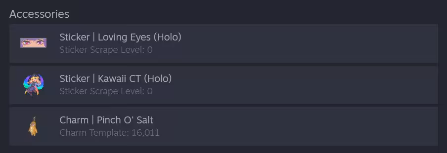 Liste d’accessoires Steam avec stickers Loving Eyes Holo, Kawaii CT Holo et charm Pinch O’ Salt.
