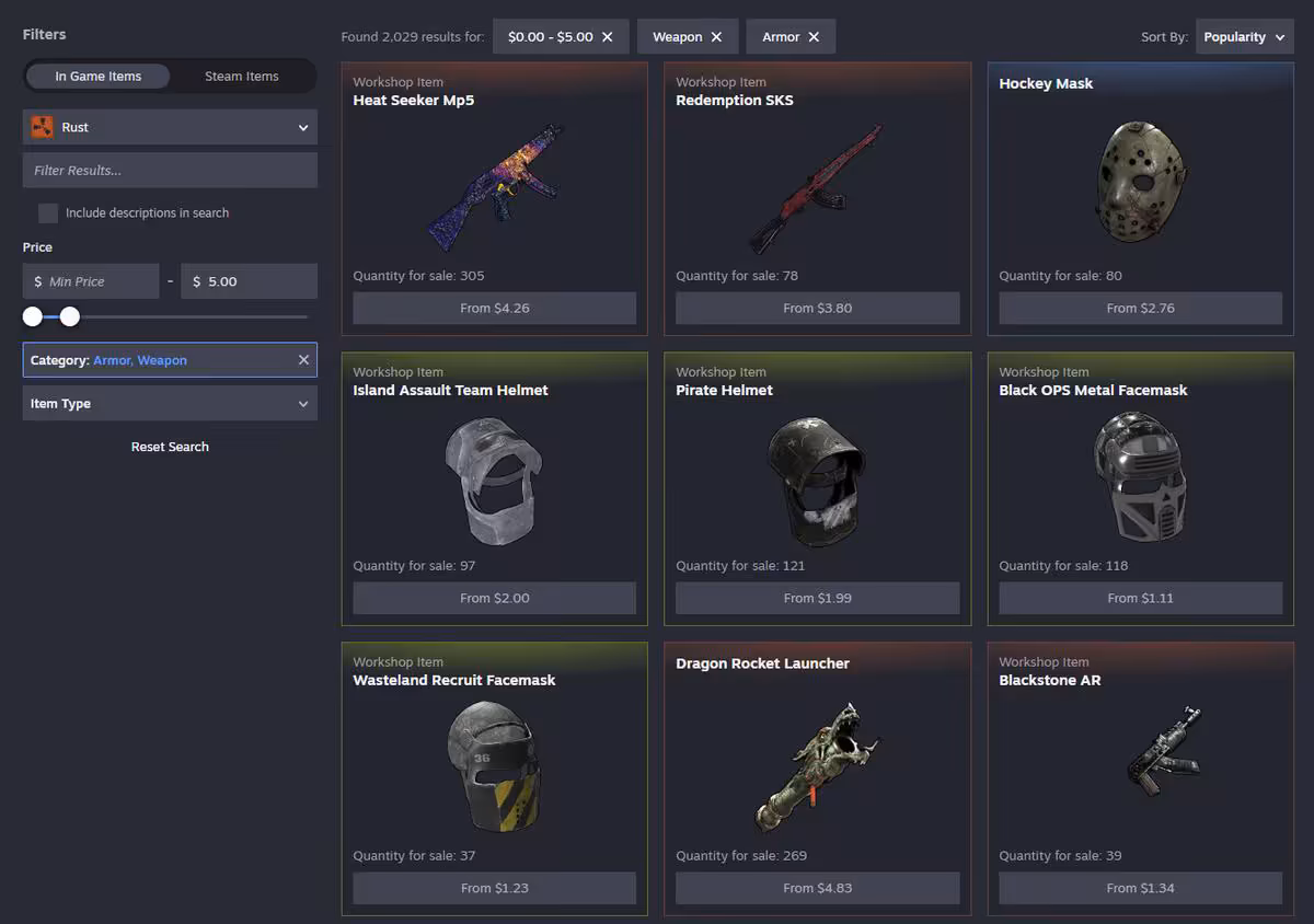 Catalogue Steam Community Market filtré, montrant plusieurs skins d’armes et équipements en grille.