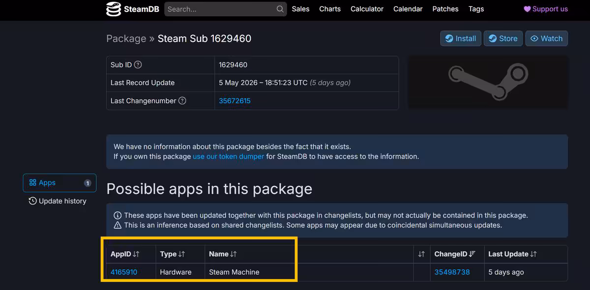 Capture d'écran SteamDB avec information package Steam Sub 1629460.
