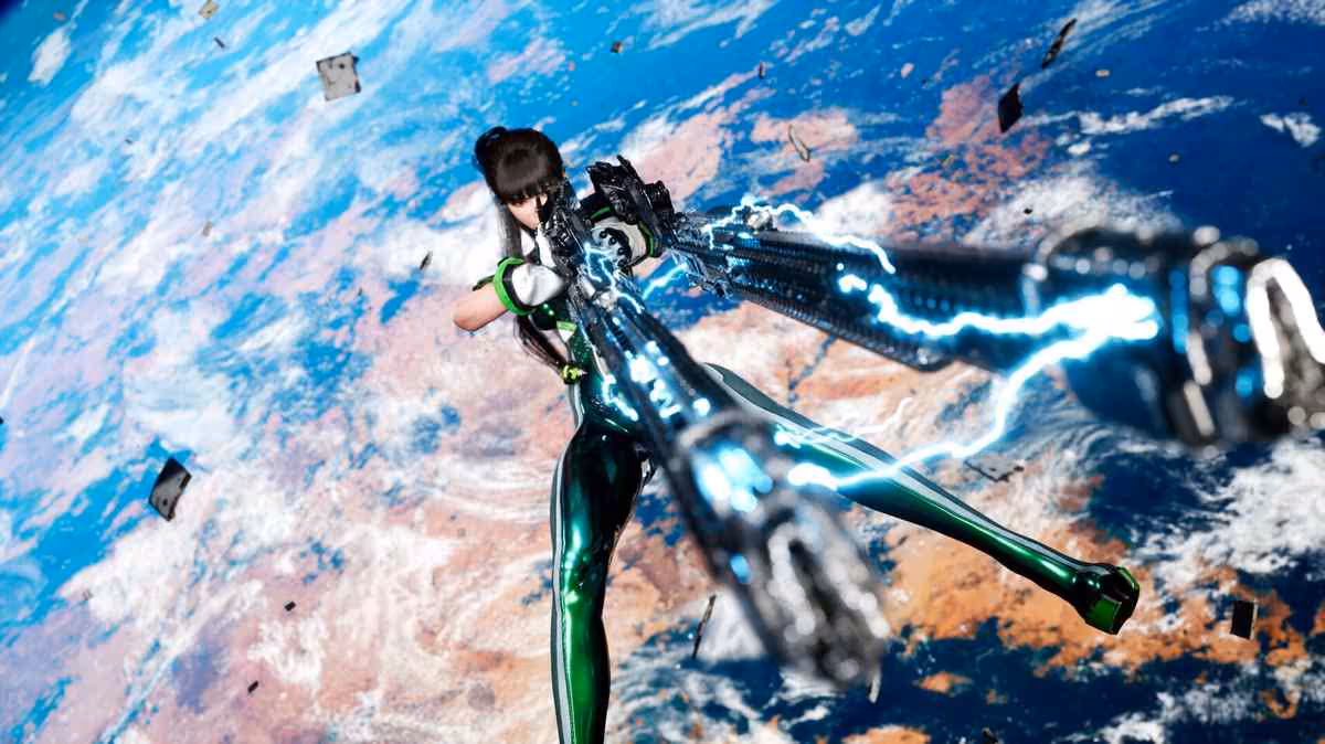 Eve en combat spatial avec arme électrique, vue dynamique au-dessus de la Terre