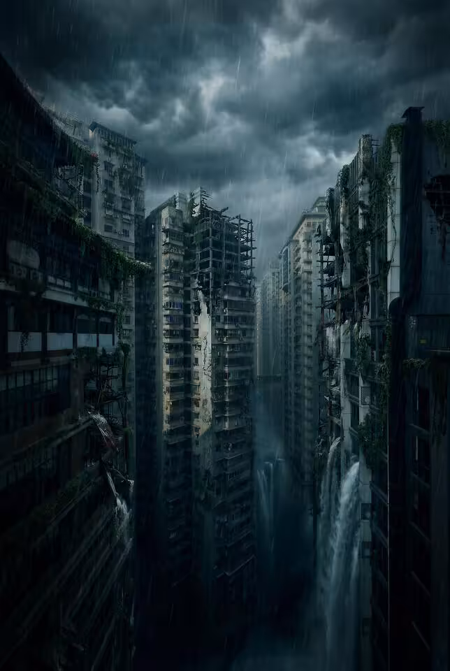Ville futuriste délabrée sous un ciel orageux, immeubles en ruine et ambiance post-apocalyptique