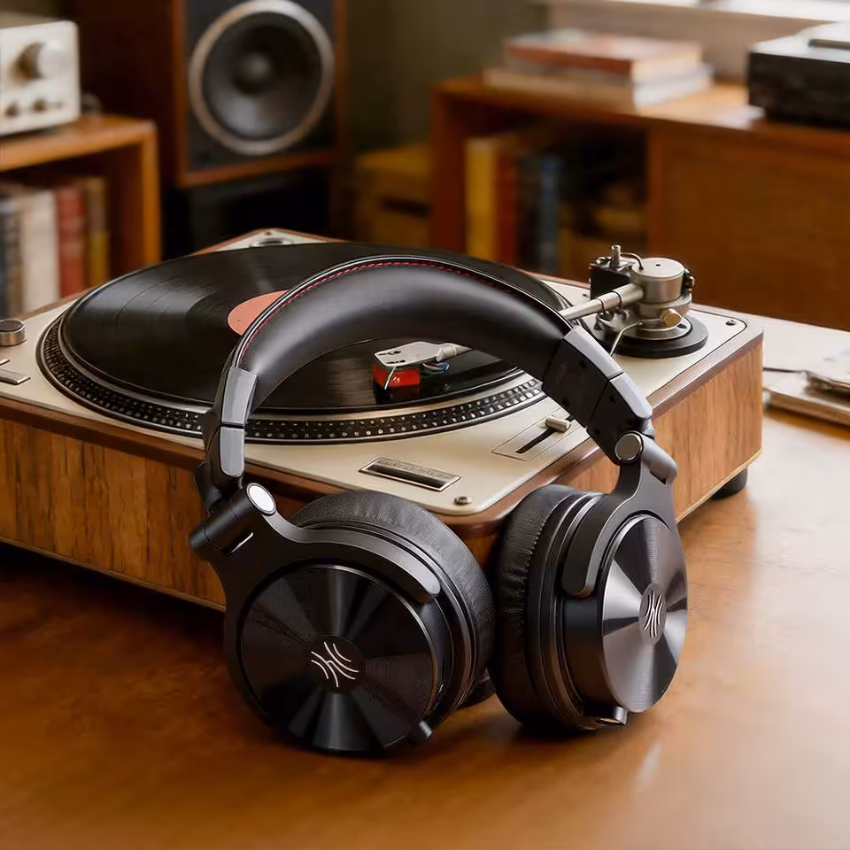 Casque OneOdio noir posé sur une platine vinyle dans un salon au style rétro