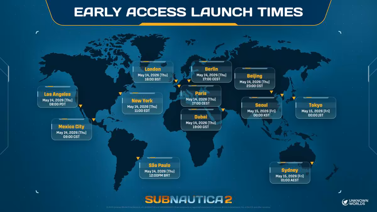 Subnautica 2 fixe sa sortie en accès anticipé au 14 mai 2026 sur PC et Xbox 4 Carte mondiale des heures de lancement en accès anticipé pour Subnautica 2.