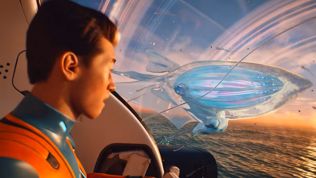 Personnage regardant une créature sous-marine lumineuse depuis un véhicule, style concept art Subnautica