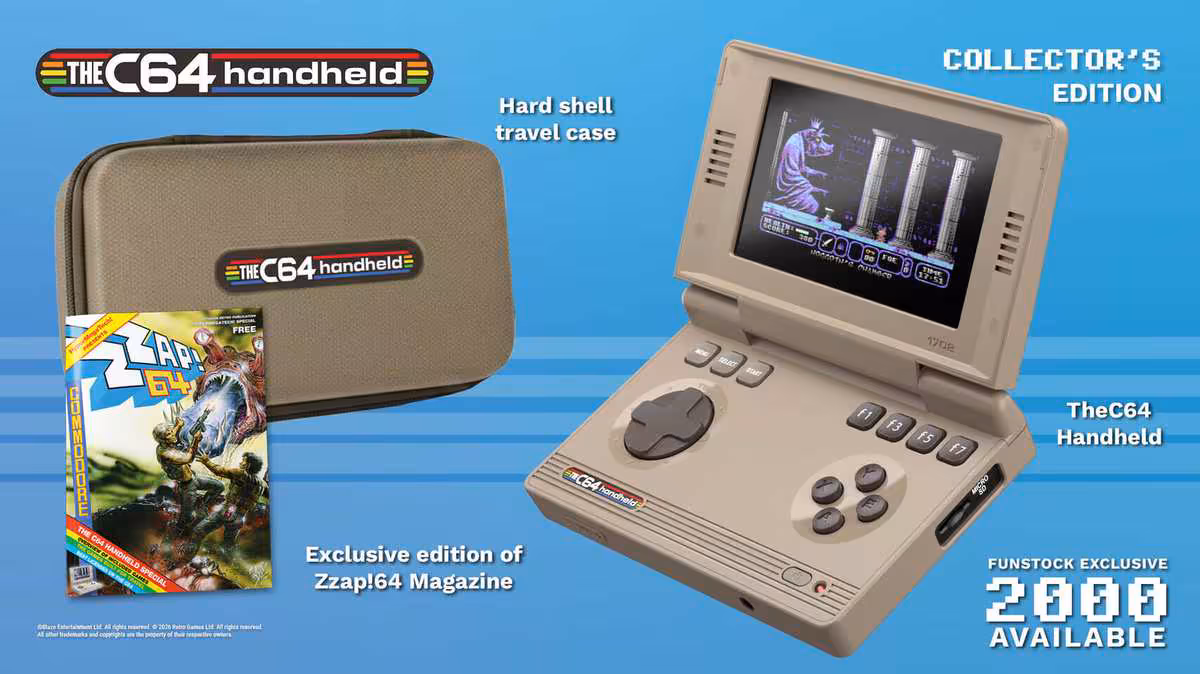 THEC64 Handheld Collector’s Edition avec étui de transport, magazine Zzap!64 et console beige