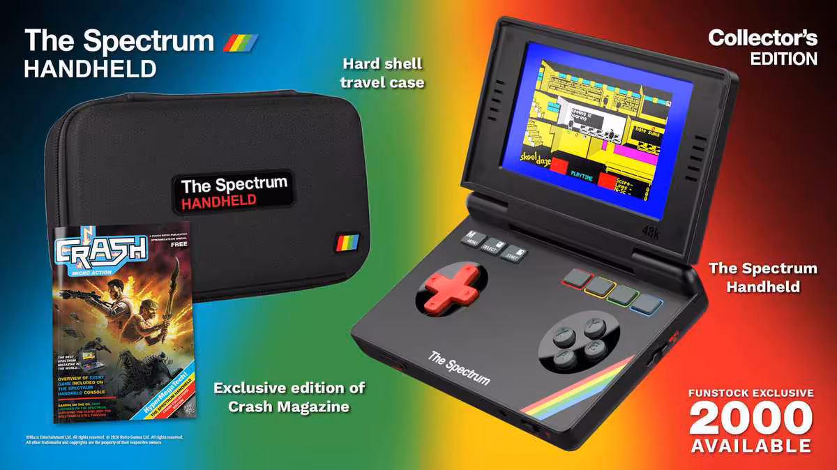 The Spectrum Handheld Collector’s Edition avec étui, magazine Crash et console noire sur fond dégradé