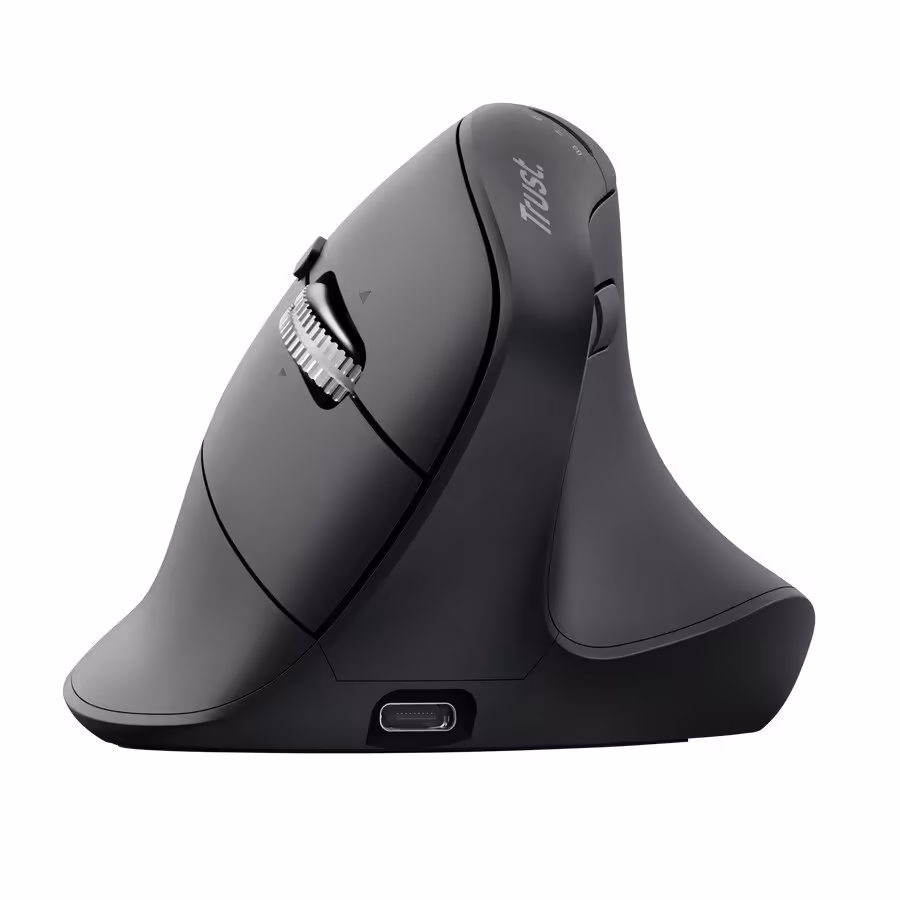 Côté droit de la souris Trust Vyran montrant la molette et le port USB-C.
