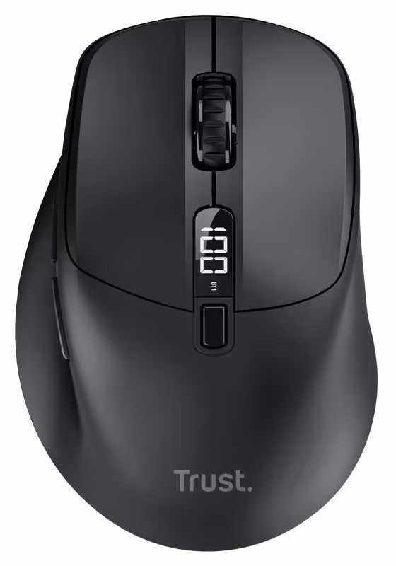 Trust Zevo : une souris bureautique rechargeable en 3 minutes pour 24 jours d’autonomie 2 Souris Trust Zevo noire, vue de dessus avec molette, écran et bouton central