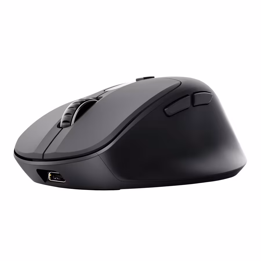 Trust Zevo : une souris bureautique rechargeable en 3 minutes pour 24 jours d’autonomie 4 Souris Trust Zevo noire vue latérale, avec boutons de pouce et port de charge visible