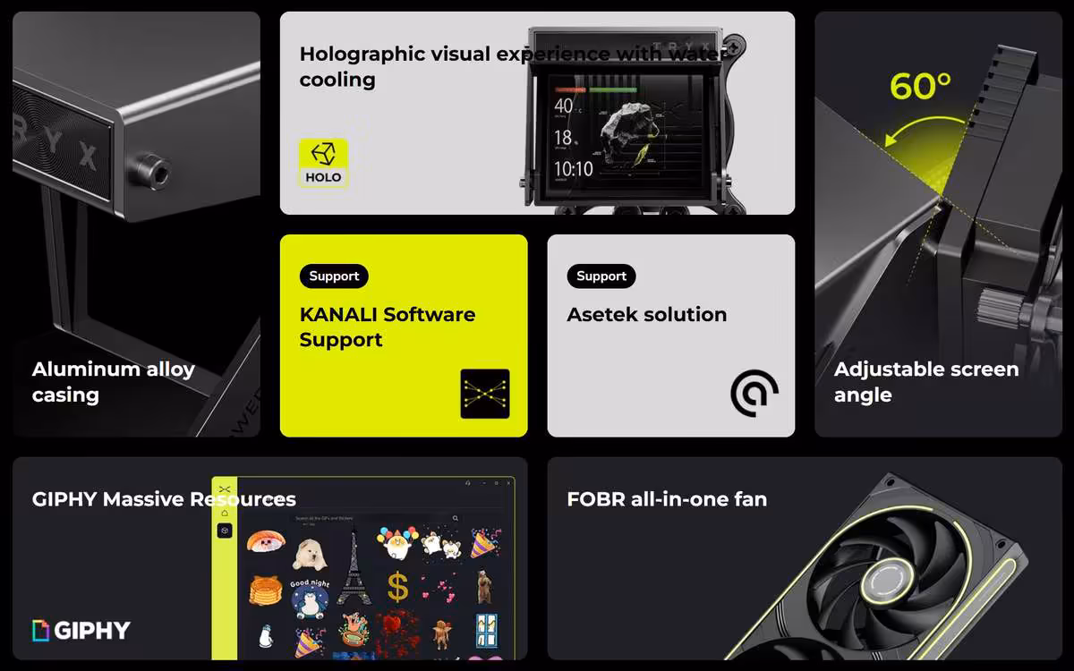 TRYX HOLO 360 : un AIO holographique 280 W attendu en juin autour de 999 RMB 2 Montage texte/capture avec éléments interface utilisateur et logos divers