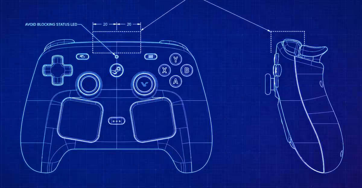 Fichiers CAD Steam Controller et Puck : Valve publie enfin ses modèles externes 2 Schéma CAD du Steam Controller sur fond bleu graphique