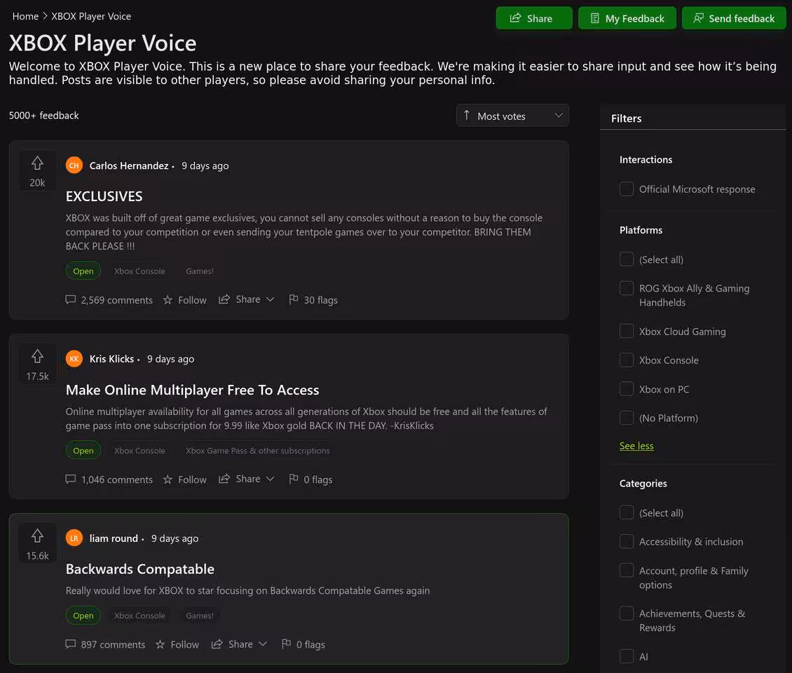 Xbox Player Voice : les joueurs réclament des exclus, le multijoueur gratuit et la rétrocompatibilité 3 Capture d’écran de la page Xbox Player Voice montrant des retours joueurs sur les exclusivités