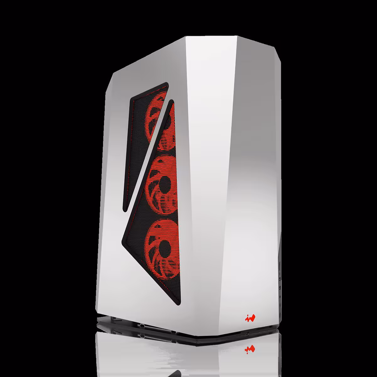 InWin AEON AIR : un boîtier ITX miroir spectaculaire, mais pas vraiment discret au bureau 2 InWin AEON AIR ITX Silver en rendu produit, panneaux géométriques réfléchissants et face avant alvéolée rouge