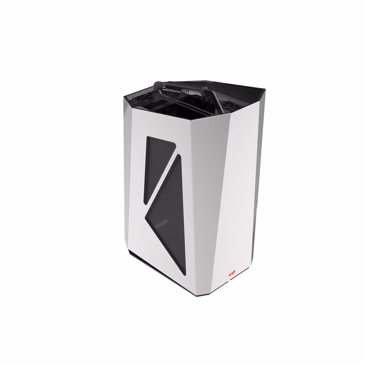 InWin AEON AIR : un boîtier ITX miroir spectaculaire, mais pas vraiment discret au bureau 8 Vue 3D du boîtier InWin AEON AIR ITX Silver, châssis rectangulaire avec panneau géométrique central noir