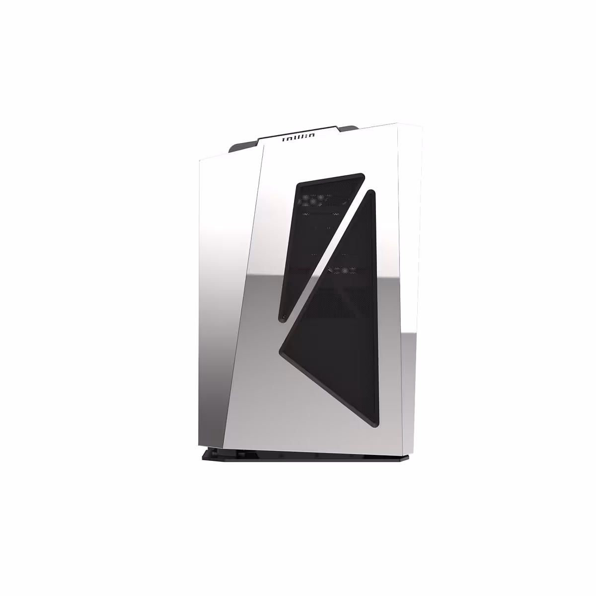 InWin AEON AIR : un boîtier ITX miroir spectaculaire, mais pas vraiment discret au bureau 3 Boîtier InWin AEON AIR ITX Silver en rendu, façade avec fenêtre noire et face réfléchissante sur fond clair