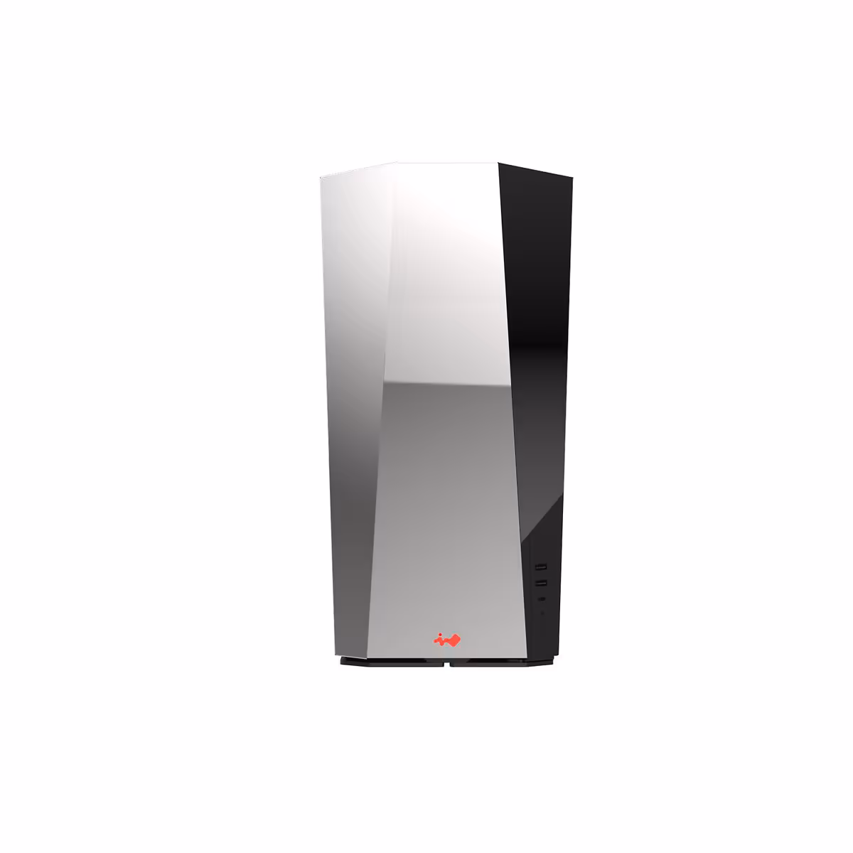 InWin AEON AIR : un boîtier ITX miroir spectaculaire, mais pas vraiment discret au bureau 4 Arrière du boîtier InWin AEON AIR ITX Silver en rendu, panneau miroir avec ports latéraux visibles