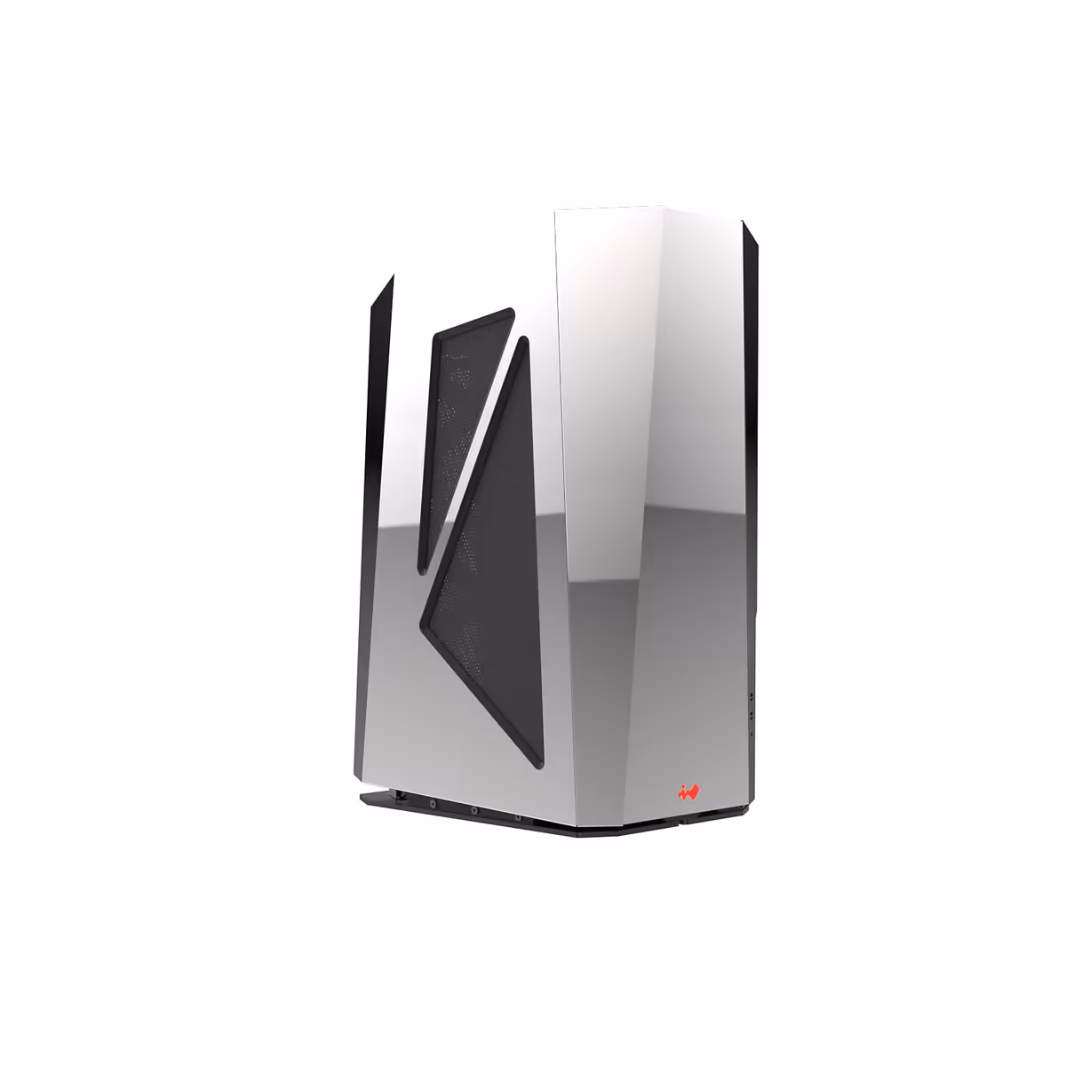 InWin AEON AIR : un boîtier ITX miroir spectaculaire, mais pas vraiment discret au bureau 6 Vue 3D du boîtier InWin AEON AIR ITX Silver avec structure miroir géométrique, angle arrière droit