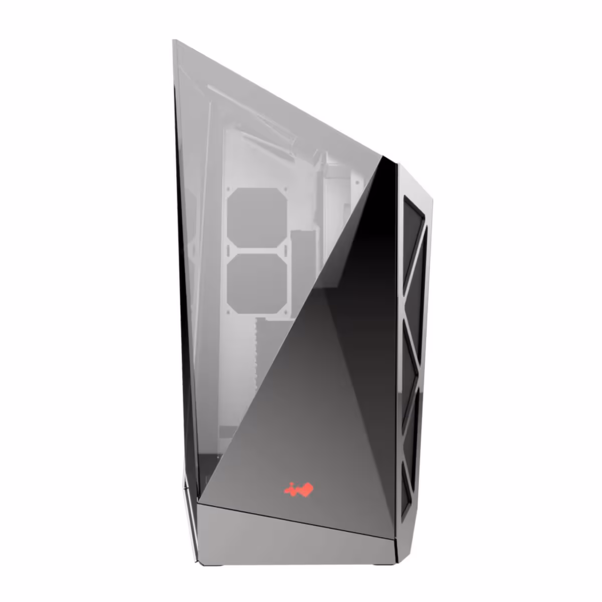 InWin AEON NEO : une coque miroir spectaculaire, mais un boîtier très massif à monter 3 Vue arrière de la coque miroir InWin AEON NEO ouverte, aperçu du châssis et des ouvertures internes