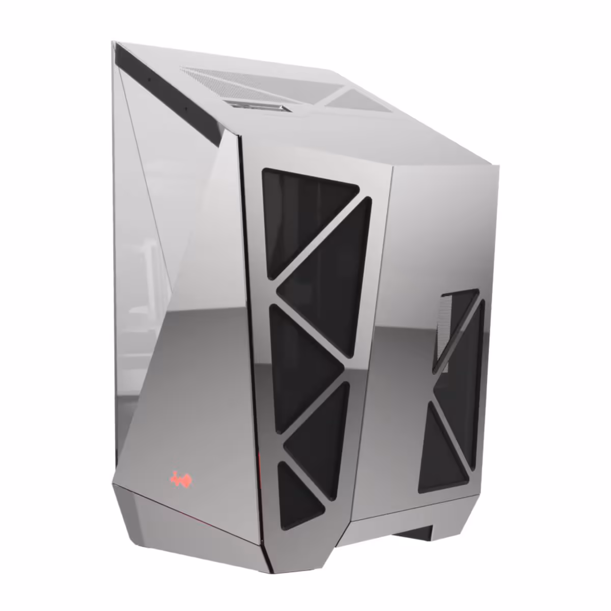 InWin AEON NEO : une coque miroir spectaculaire, mais un boîtier très massif à monter 7 InWin AEON NEO présenté de face, coque miroir noire et acier massif, surface lisse et logo rouge discret