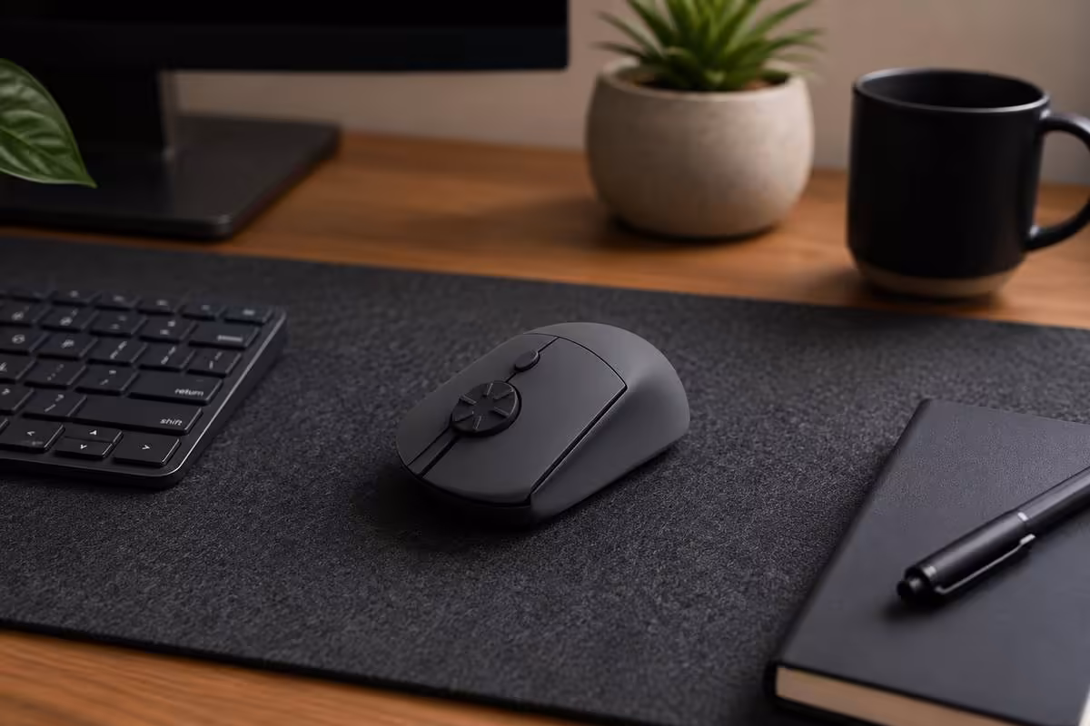 Souris Airra Rotary Mouse sur bureau, avec clavier, plante et tasse en arrière-plan