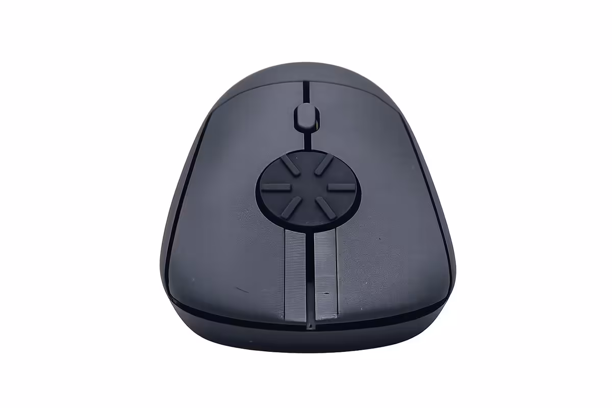 Souris Airra Rotary Mouse noire vue de face, molette rotative centrale visible sur fond blanc