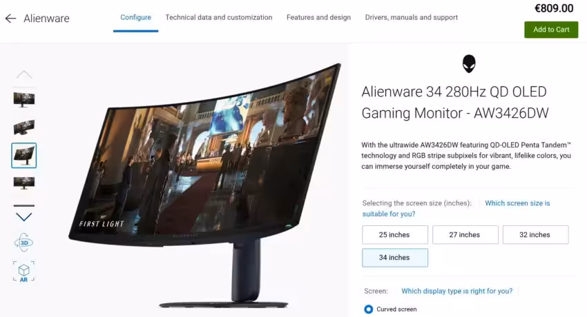 Capture site web Alienware spécifications monitor AW3426DW