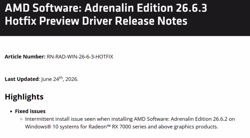 Capture des notes de version AMD Adrenalin Edition 26.6.3 Hotfix texte noir sur fond blanc