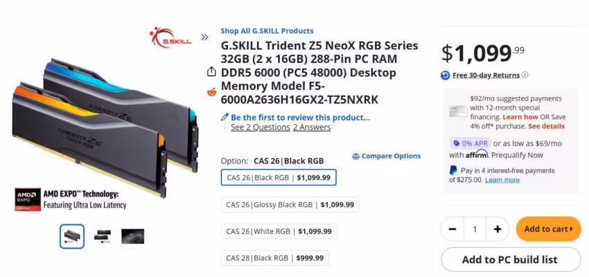 Capture écran site vente G.Skill Trident Z5 NeoX détails prix et spécifications