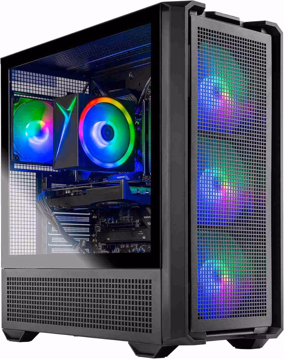 Boîtier PC avec ventilateurs RGB multicolores, grille avant ventilée