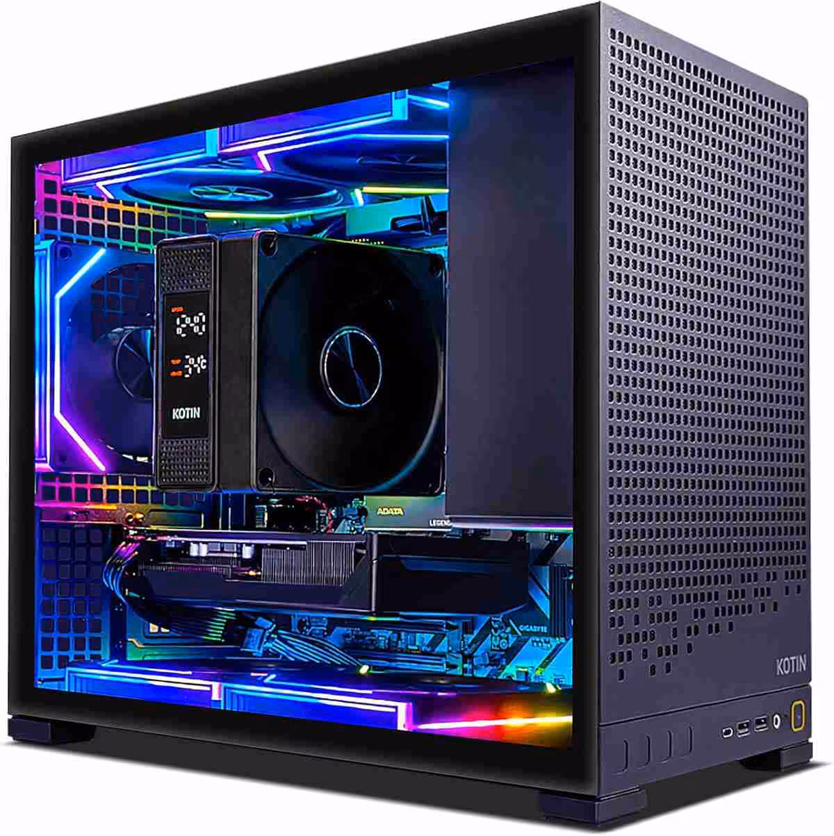 Boîtier PC compact avec éclairage RGB intérieur sur fond sombre intense