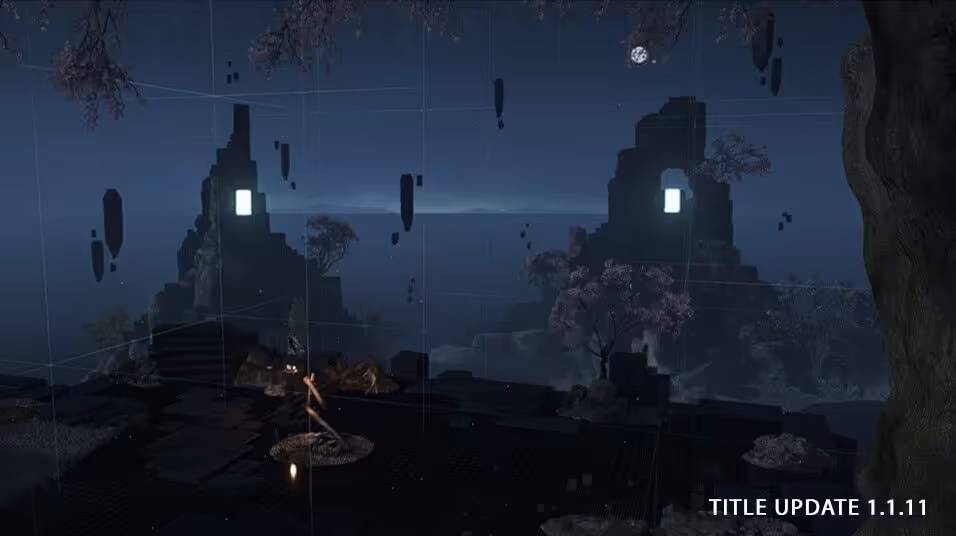 Assassin's Creed Shadows conclut Yasuke et Naoe avec Black Tides le 16 juin 2 Paysage nocturne d'Assassin's Creed Shadows avec ruines, lanternes lumineuses et mention Title Update 1.1.11