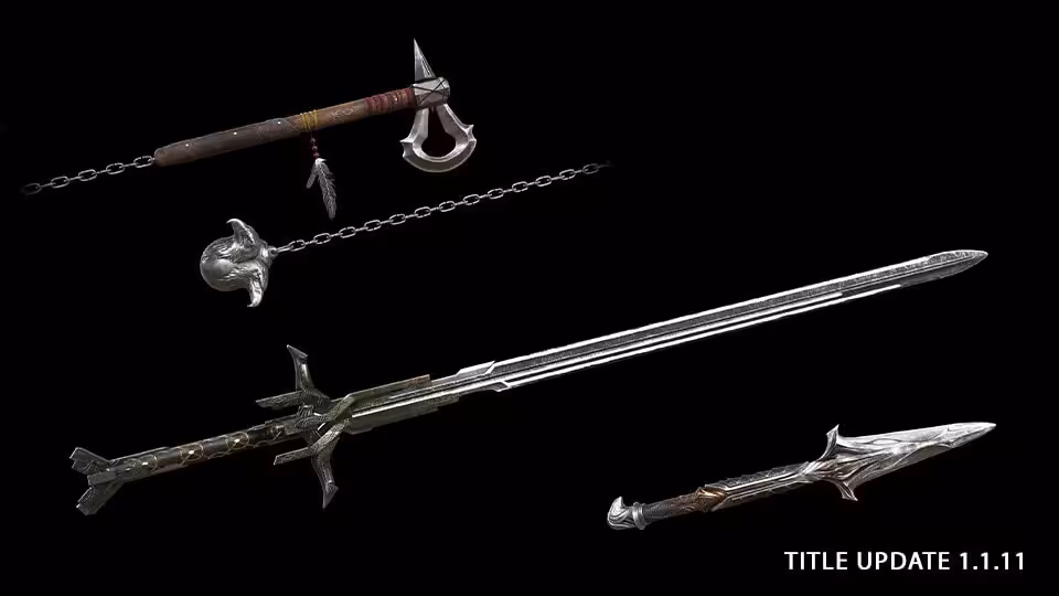 Assassin's Creed Shadows conclut Yasuke et Naoe avec Black Tides le 16 juin 3 Plusieurs armes d'Assassin's Creed Shadows sur fond noir, dont une longue lame, une lance et une hache courte