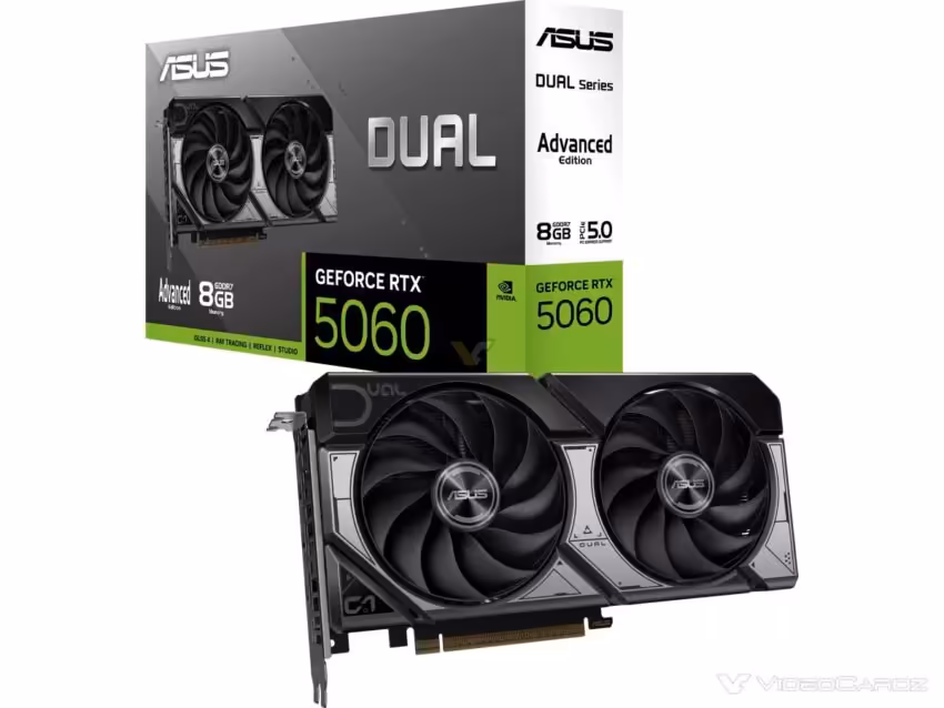 Boîte et carte ASUS RTX 5060 DUAL, éclairage neutre, packaging en avant-plan.
