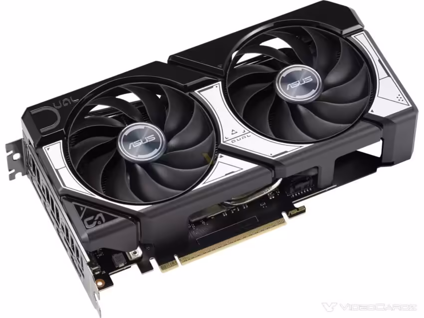 Vue oblique ASUS RTX 5060 DUAL, détails clairs, fond blanc peu contrasté.