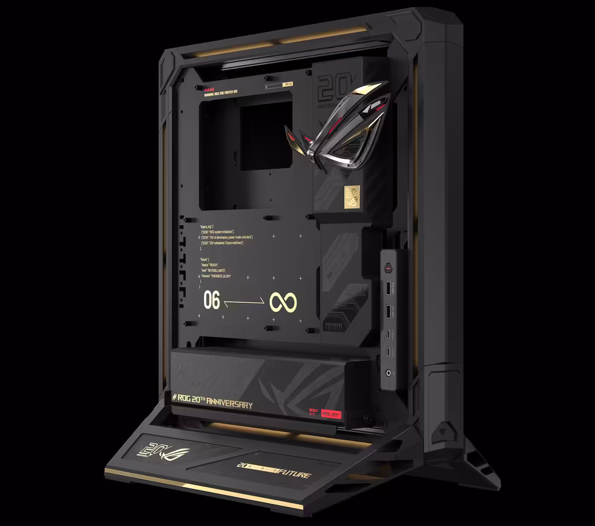 Châssis ASUS ROG Edition, design futuriste, fond noir.