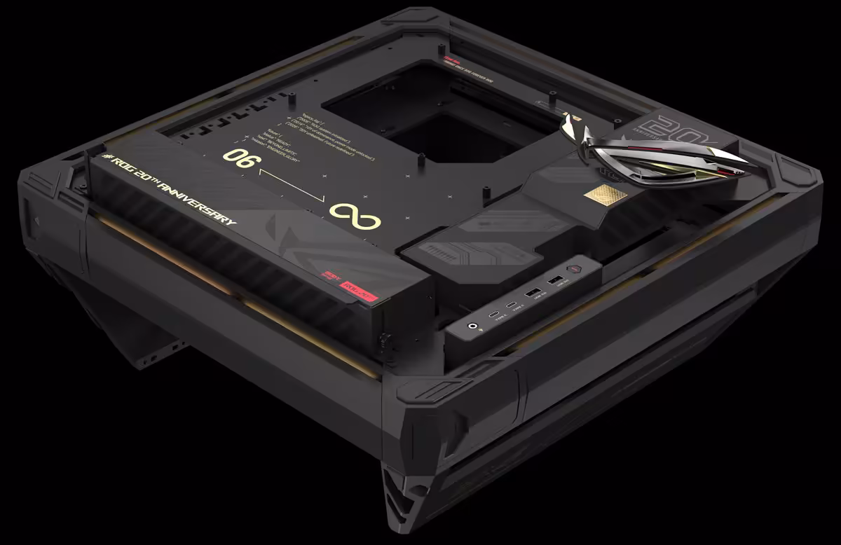 Vue en angle châssis ASUS ROG, design industriel, fond noir.