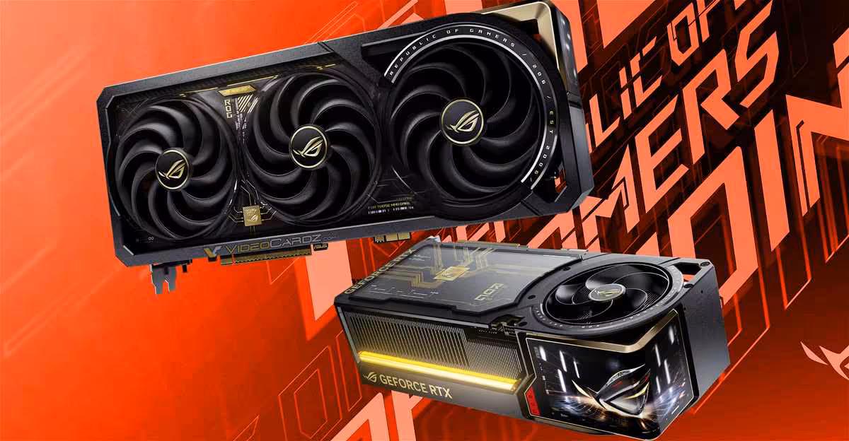 Cartes graphiques ASUS ROG Strix RTX 5090 sur fond rouge vif.