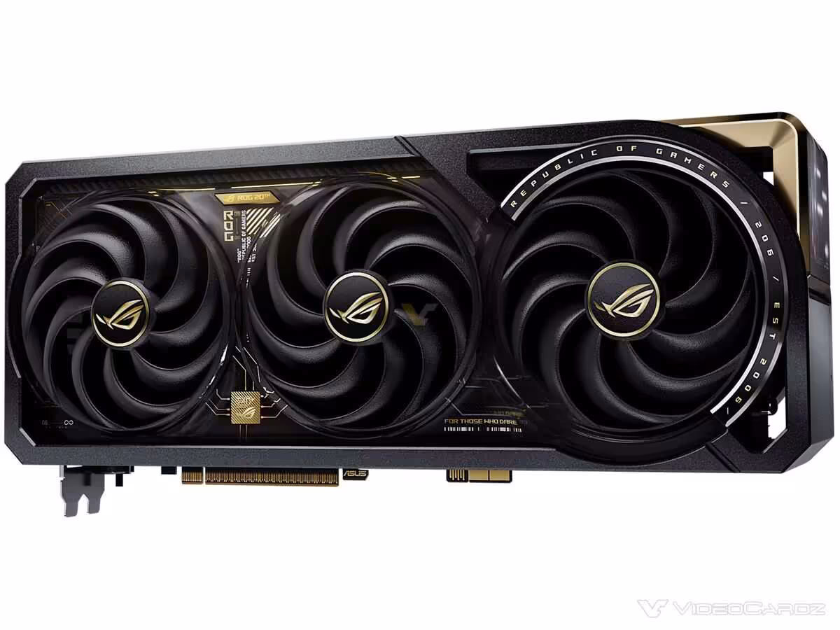 Face avant carte graphique ASUS RTX 5090, design noir et or, fond blanc.