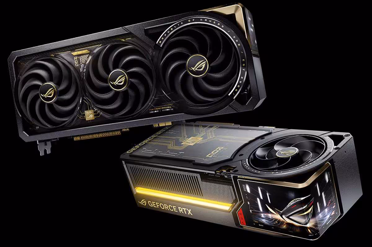 Deux cartes graphiques ASUS ROG posées, éclairage professionnel, fond noir.