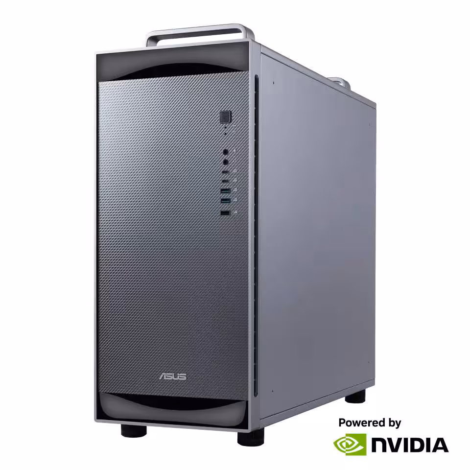 ASUS ExpertCenter Pro ET900N G3 : 20 PFLOPS d’IA locale sur architecture NVIDIA DGX 2 Boîtier tour ASUS ExpertCenter Pro ET900N G3 gris, vue avant et logo NVIDIA Powered by