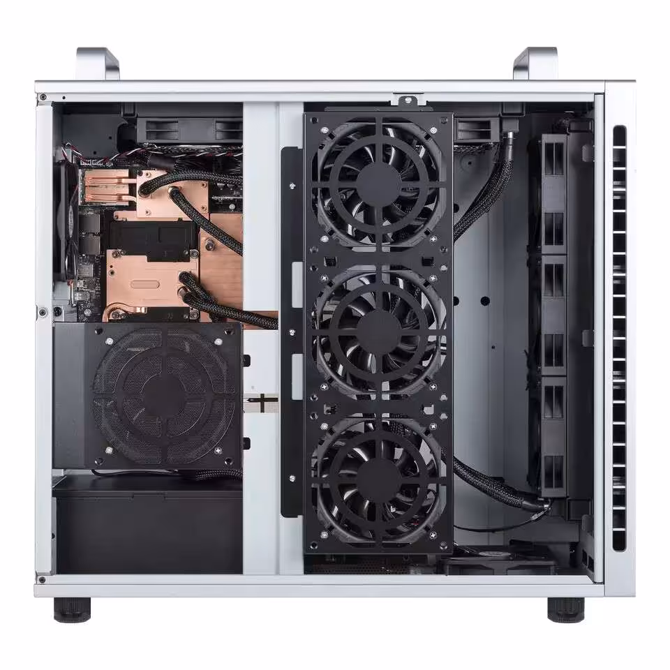 ASUS ExpertCenter Pro ET900N G3 : 20 PFLOPS d’IA locale sur architecture NVIDIA DGX 3 Intérieur du ASUS ExpertCenter Pro ET900N G3 avec ventilateurs, câblage et système de refroidissement visible