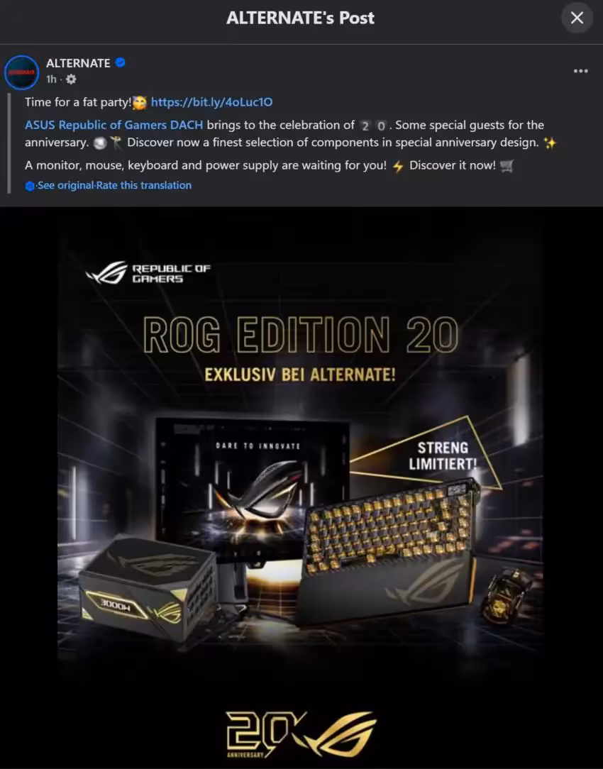 Capture Facebook ASUS ROG Edition 20 avec clavier, souris, écran OLED fond sombre