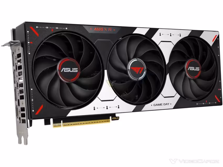 ASUS T1 GeForce RTX 5070 gros plan, trois ventilateurs, fond neutre.