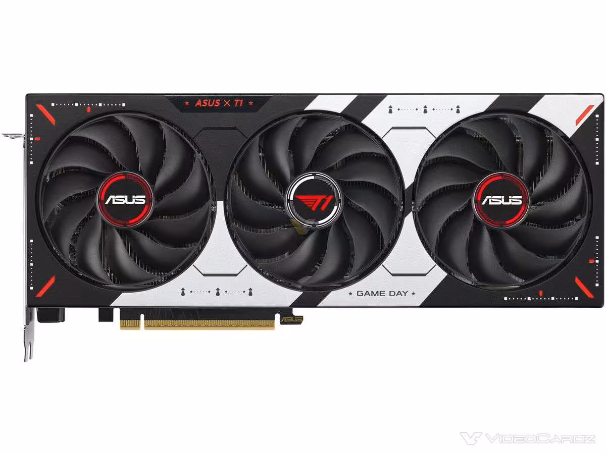 ASUS T1 RTX 5070 vue de face, schéma graphique, fond neutre.